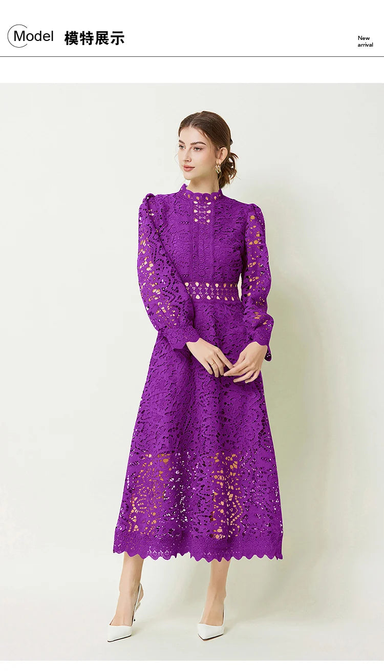 Solid Lace Holloe Out Slimming Elegant Dresses For Women Stand Collar Long Sleeve High Waist Minimalist Dress Female Fashion