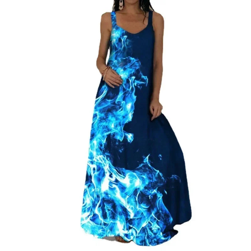 Women's Fashionable Flame Printed Sleeveless Dress  Summer Casual Printed Long Dress