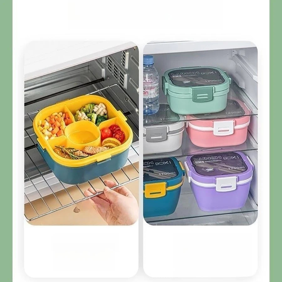 Double Stackable Lunch Box, 50 oz. Large Salad Bowl, 4 Compartment Tray, 3 oz. Sauce Container, Built-In Reusable Fork & Spoon
