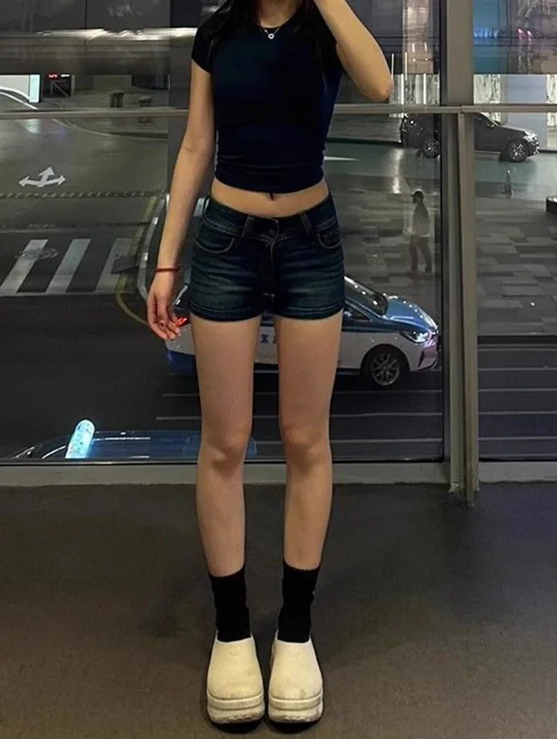 Retro Roll Up Hem Deep Blue Denim Shorts Women Summer Sexy Low Rise Hip Covering Hot Pants American Distressed Washed Jean Short