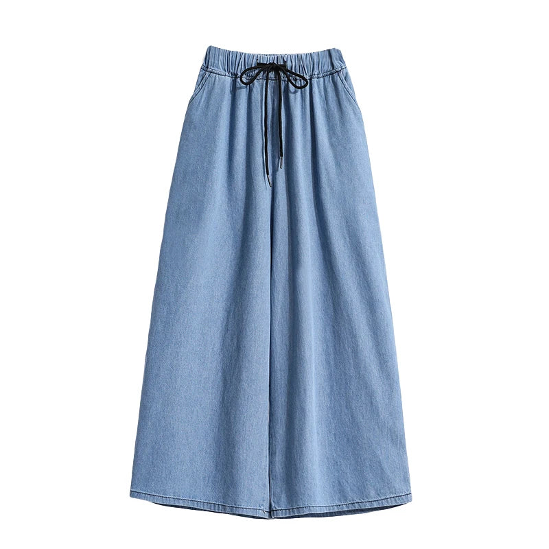 Loose Waist Dstring Denim Wide Leg Pants Women's plus Size Slimming Casual Straight Workwear Seven-Foot Pants Summer