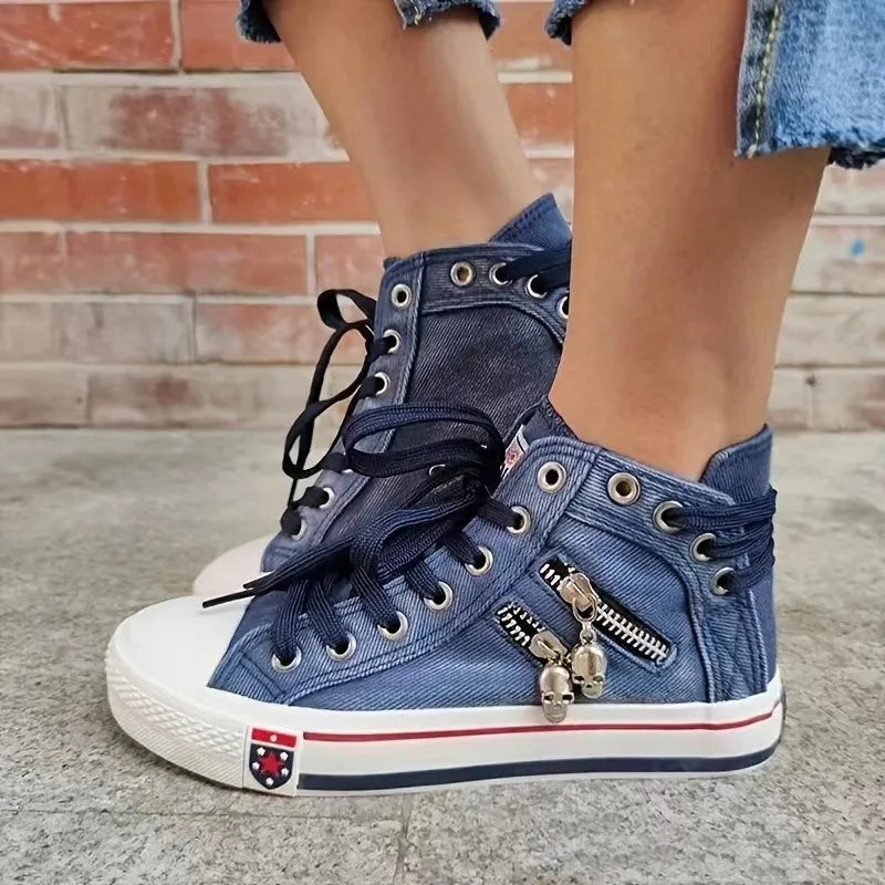 Denim Canvas Sneakers Women Slip On Light Blue Retro Skull Platform High Top Sneakers Ladies 2025 Spring Vulcanized Shoes Woman