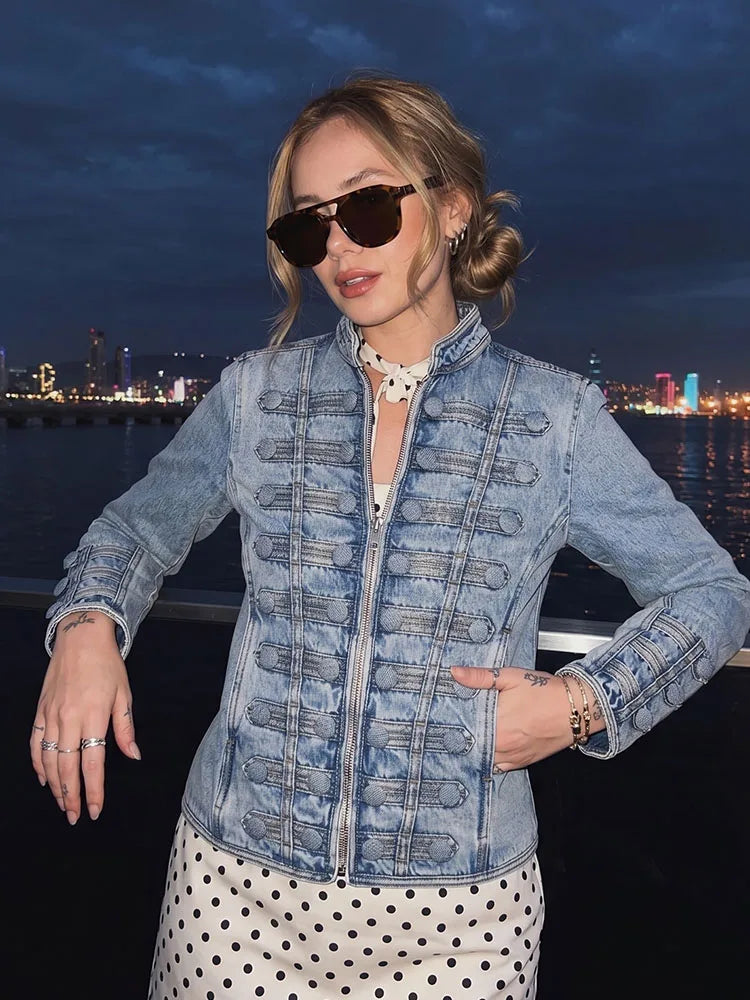 HH Y2K Military Short Denim Jacket Women's Light Washed Stand Collar Slim Denim Jacket Sexy Spring and Autumn Street Tops