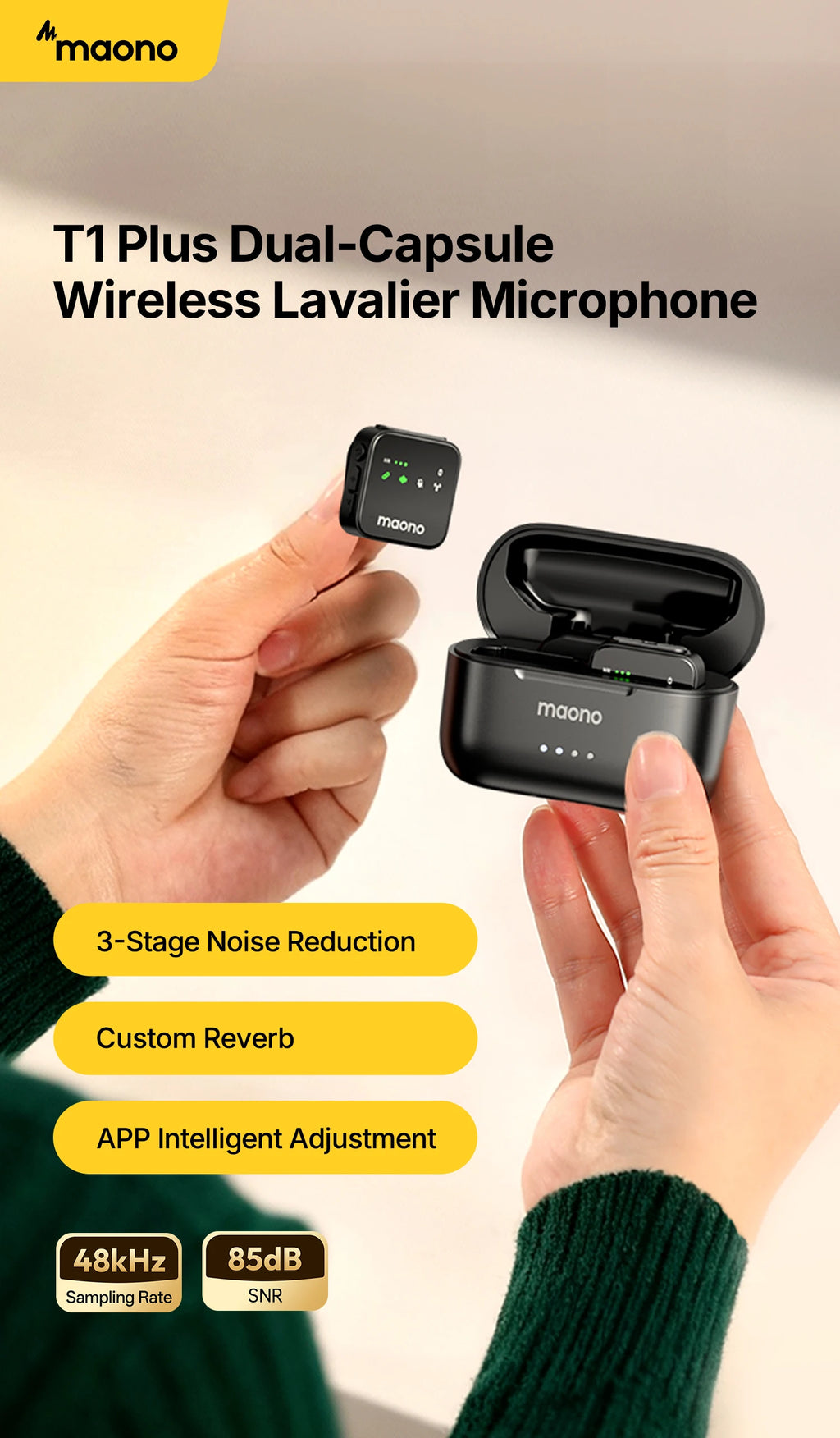 MAONO T1 Plus Dual-Capsule Wireless Lavalier Microphone Lapel Microphone for iPhone iPad Mini Mic for Video Recording Podcast