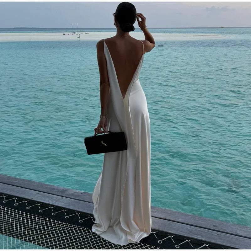 Backless Satin Long Sling Dress Women V Neck Sleeveless Slit Solid Sexy Party Dresses 2026 Summer Lady Vacation Evening Robes