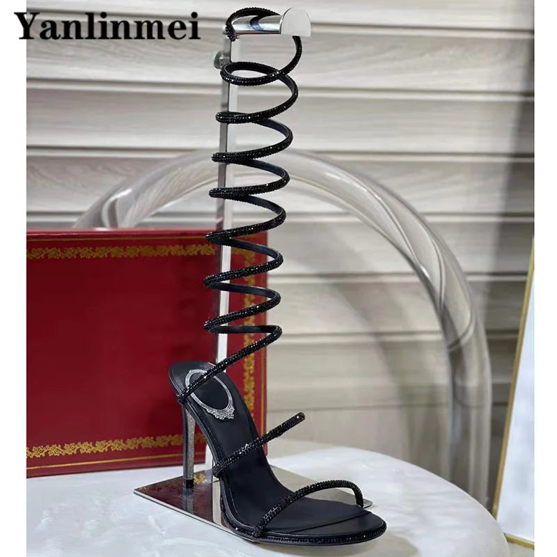 New Runway High Heels Sandals Women Crystal Decoration Ankle Strap Stiletto Shoes Woman Narrow Strap Gladiator Sandals Woman