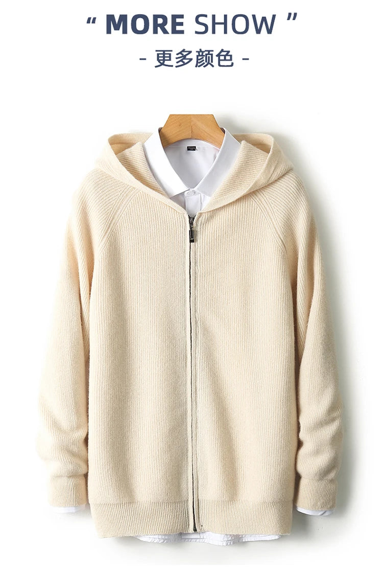 Autumn and Winter 100% Pure Cashmere Cardigan Men's Hoodie Zipper Thick Sweater Loose Plus Size Wool Knitted Sweater Coat