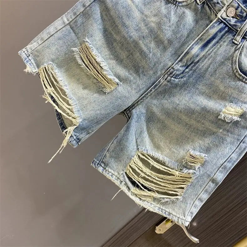 Summer New Loose Straight Wide-leg Medium Pants Shorts Retro Blue Ripped Beggar Denim Five-point Pants Women's Jeans Shorts
