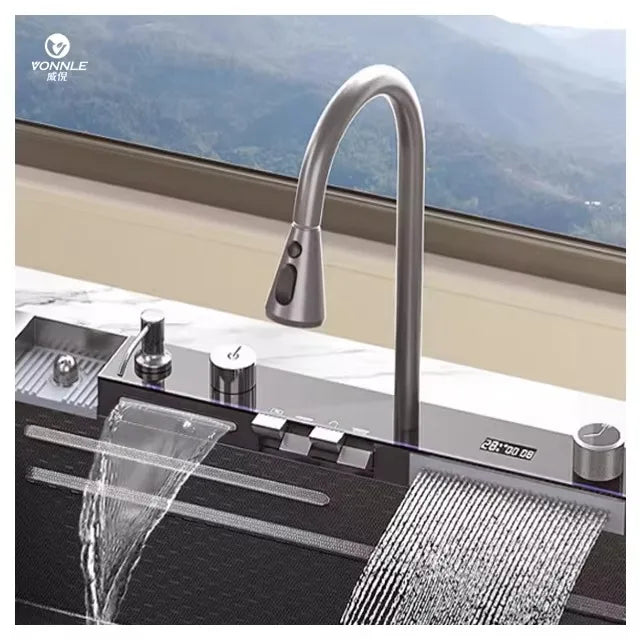 LED Factory 304 Stainless Steel Anti-Scratch Kitchen Sink Multifunction LED Digital Display Pull-Out Faucet Single Bowl Design
