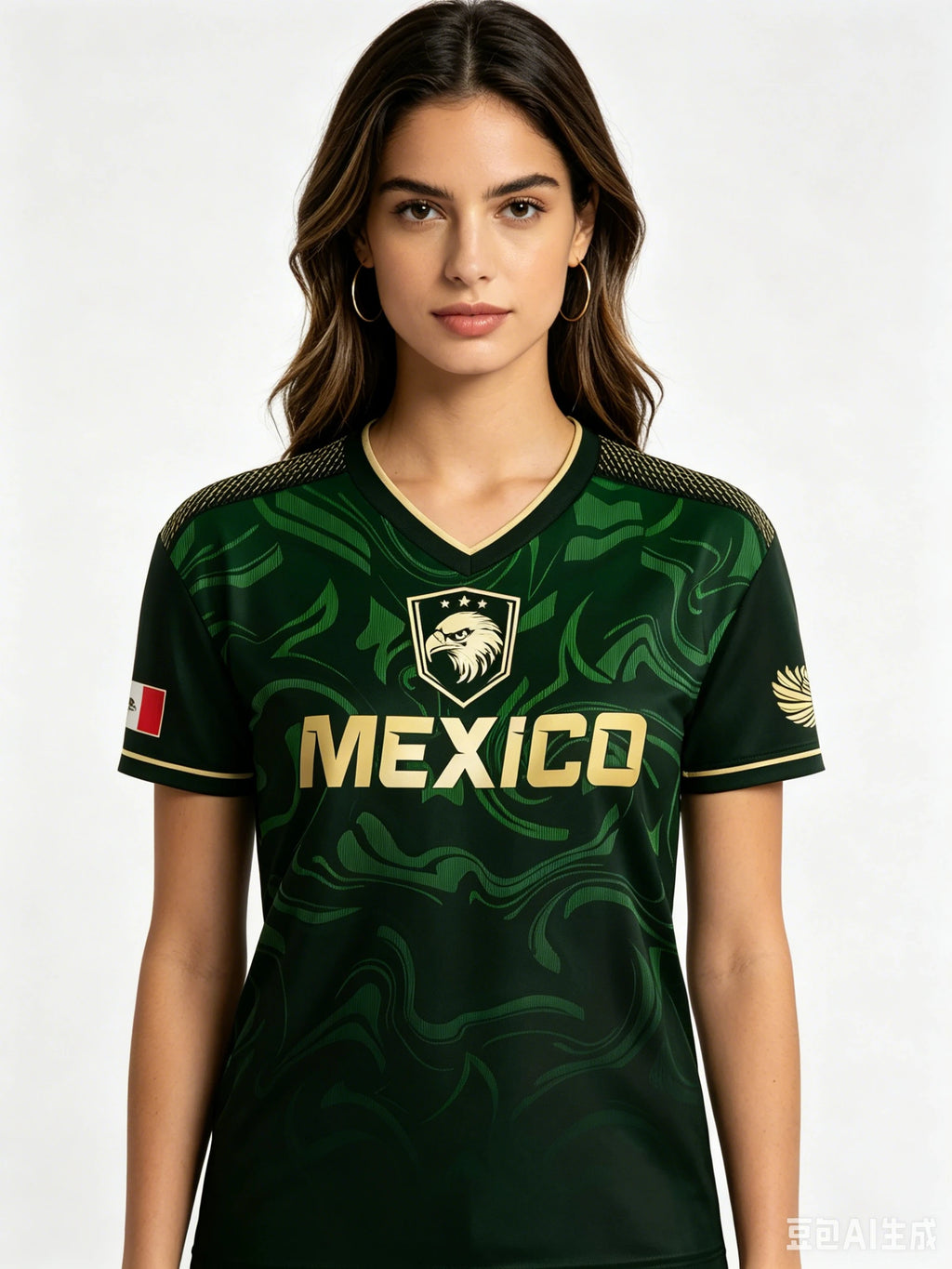 Mexico National Flag 3D Eagle Print Women's T-Shirts Casual V-neck Short Sleeve Tees Fashion Football Fan Summer Female Clothing