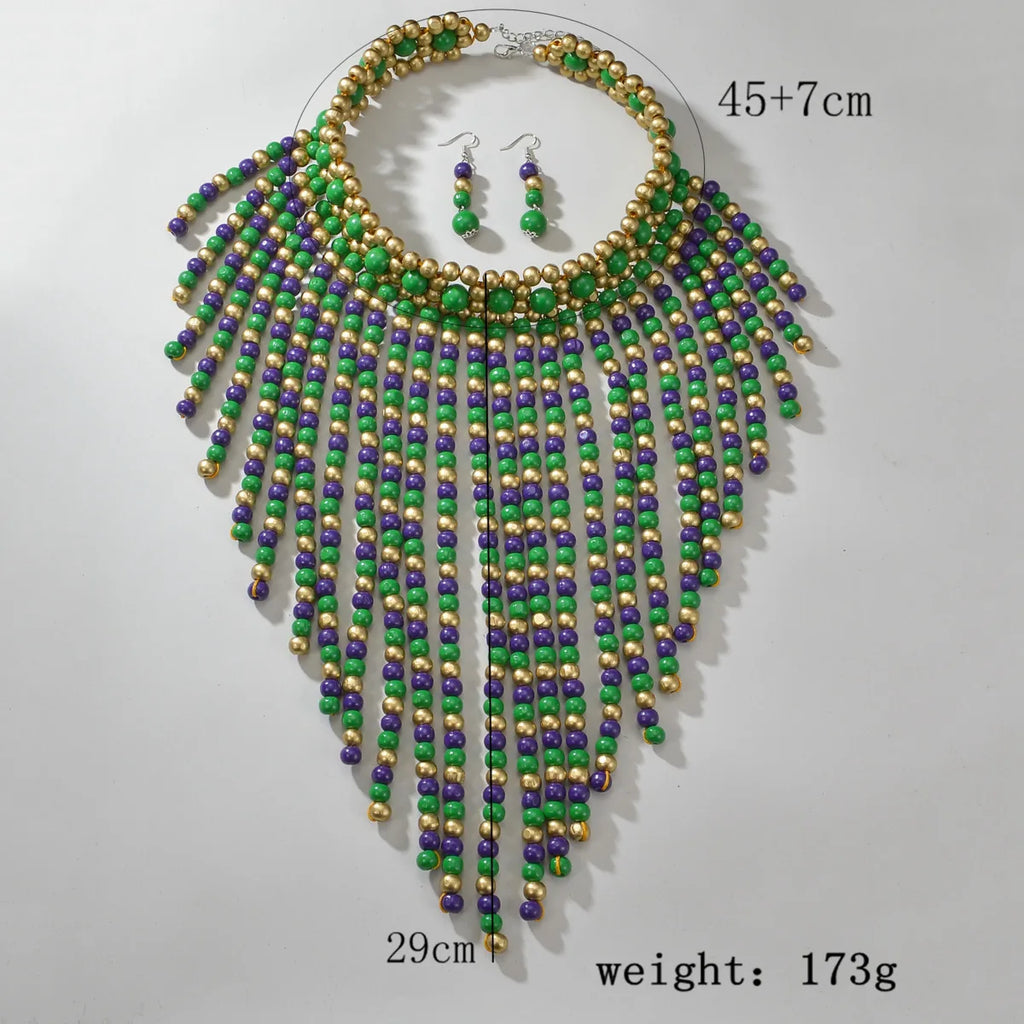 African Jewelry Set Bohemian Retro Ethnic Handmade Wooden Woven Beaded Statement Necklace and Earrings Women's Party Accessories