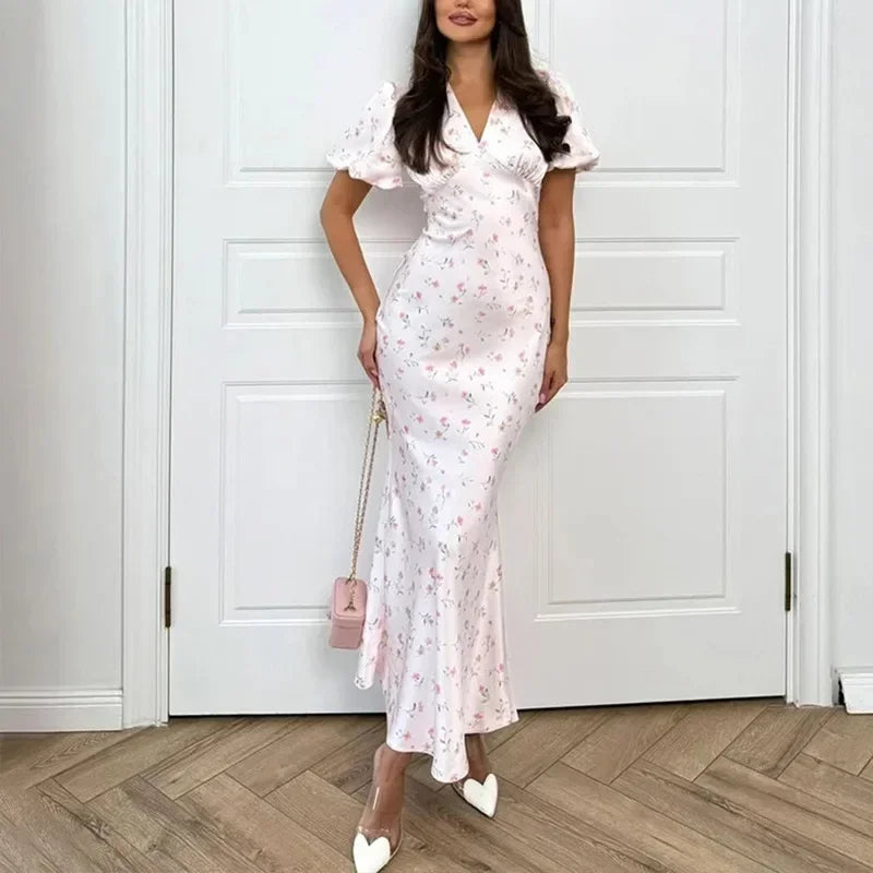 Elegant Printed V-neck Maxi Dress Women Fashion Satin Puff Short Sleeve High Waist Slim Long Dresses 2026 Summer Lady Party Robe