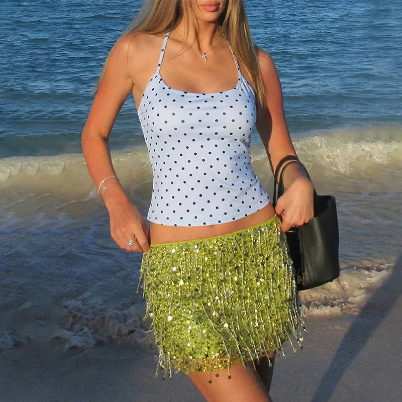 Fashion Polka Dot Halter Neck Tank Top Women Slim Fit Thin Strap Sleeveless Casual Summer Camisole
