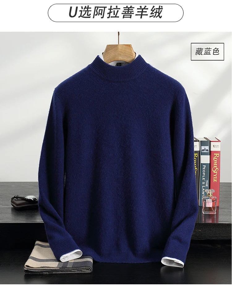 Autumn/Winter Men's 100% Cashmere Pullover Business Casual Solid Knitted Sweater Loose Half High Neck Tops Thick Warm Jumper