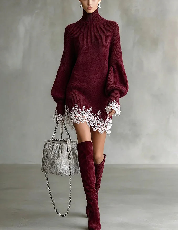 Wome Knitting Dress 2026 New Ladies Loose Fit Turtleneck Knitted Dress Autumn Lace Spliced Long Sleeve Sweater Midi Warm Dress