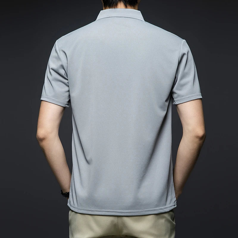 Men's Fashion Solid Short Sleeved Striped Lapel Polo Shirt Summer Breathable Comfortable Top