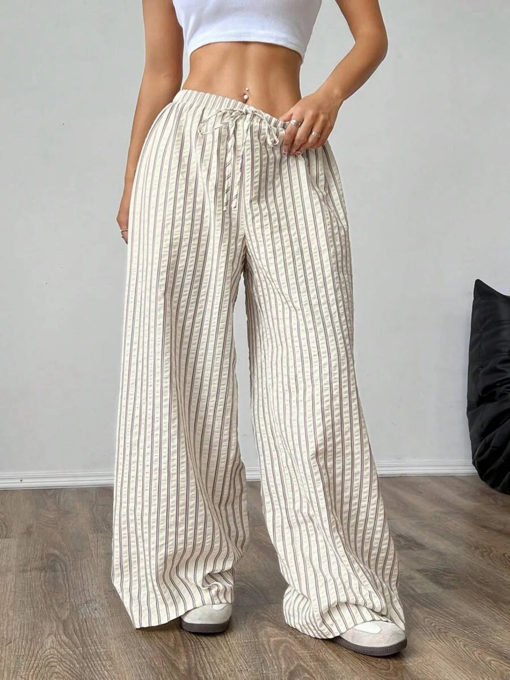 Women's Casual Striped Wide-Leg Pants   Summer Commute Fashion Drawstring Elastic Waist  Versatile Relaxed Straight Leg Trousers