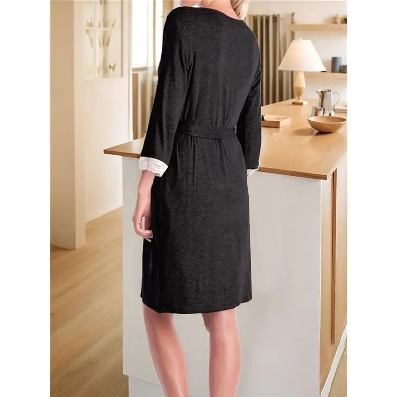 Women's Maternity Robe Pregnancy Breastfeeding Bathrobes Labor Delivery Nightgowns Black S