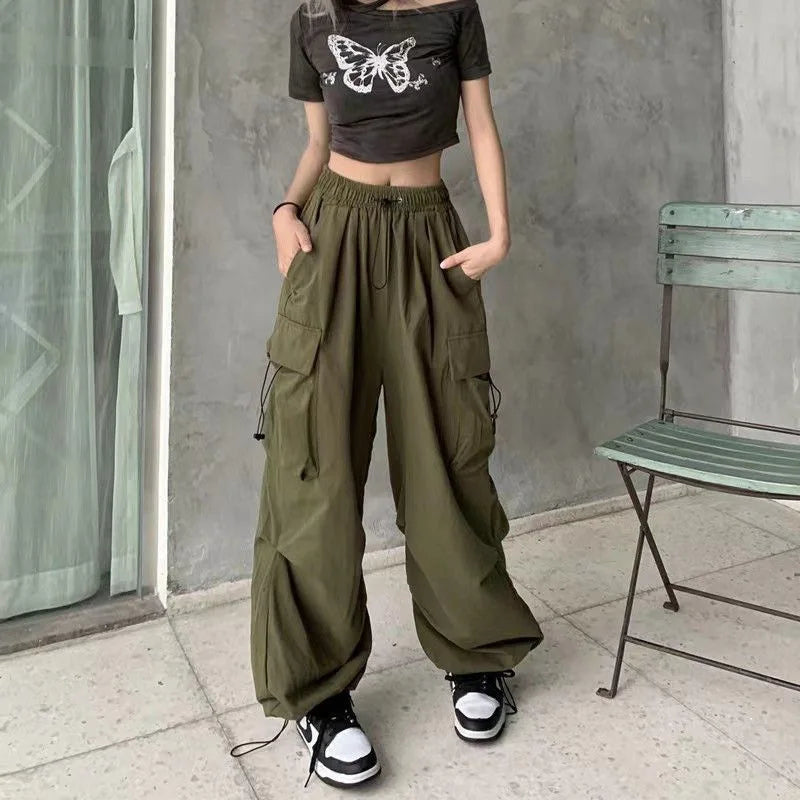 Women Streetwear Cargo Pants Elastic Waist Multi Pocket Loose Wide Leg Vintage Drawstring Casual Trousers