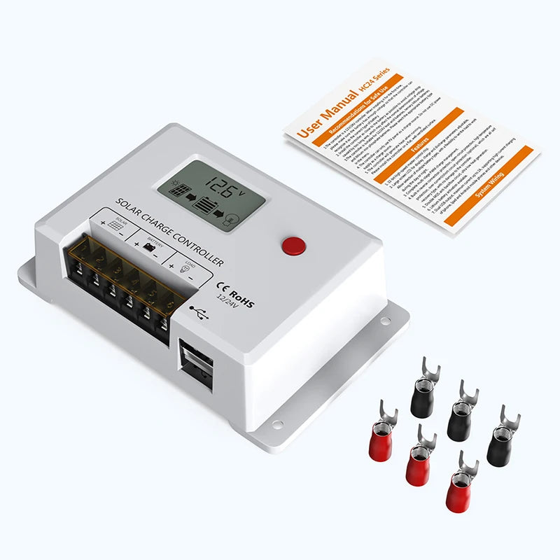 Solar Charge Controller 10A, Bateria Power 24V PWM Solar Controller with LCD Display Dual USB Multiple Load Control Modes fo