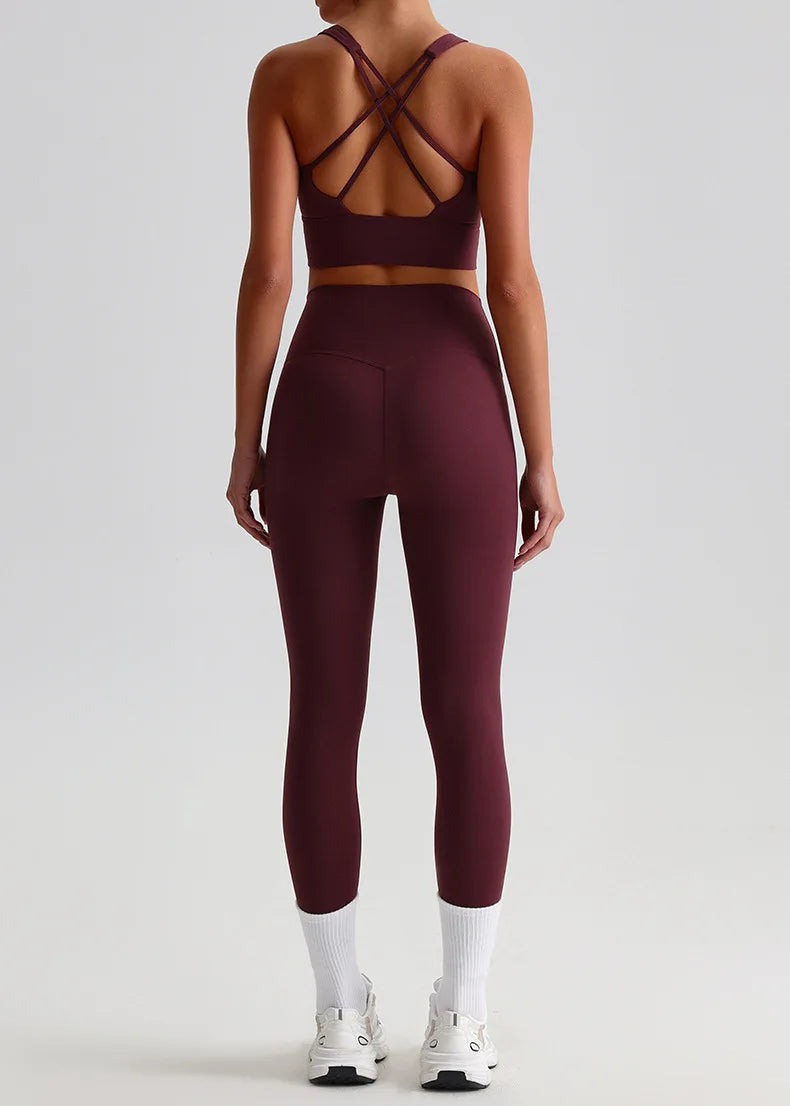 Naked Feel Yoga Set Women Fitness Sportswear 2 Piece Strappy Sports Bra High Waist Gym Leggings Workout Outfit Active Wear