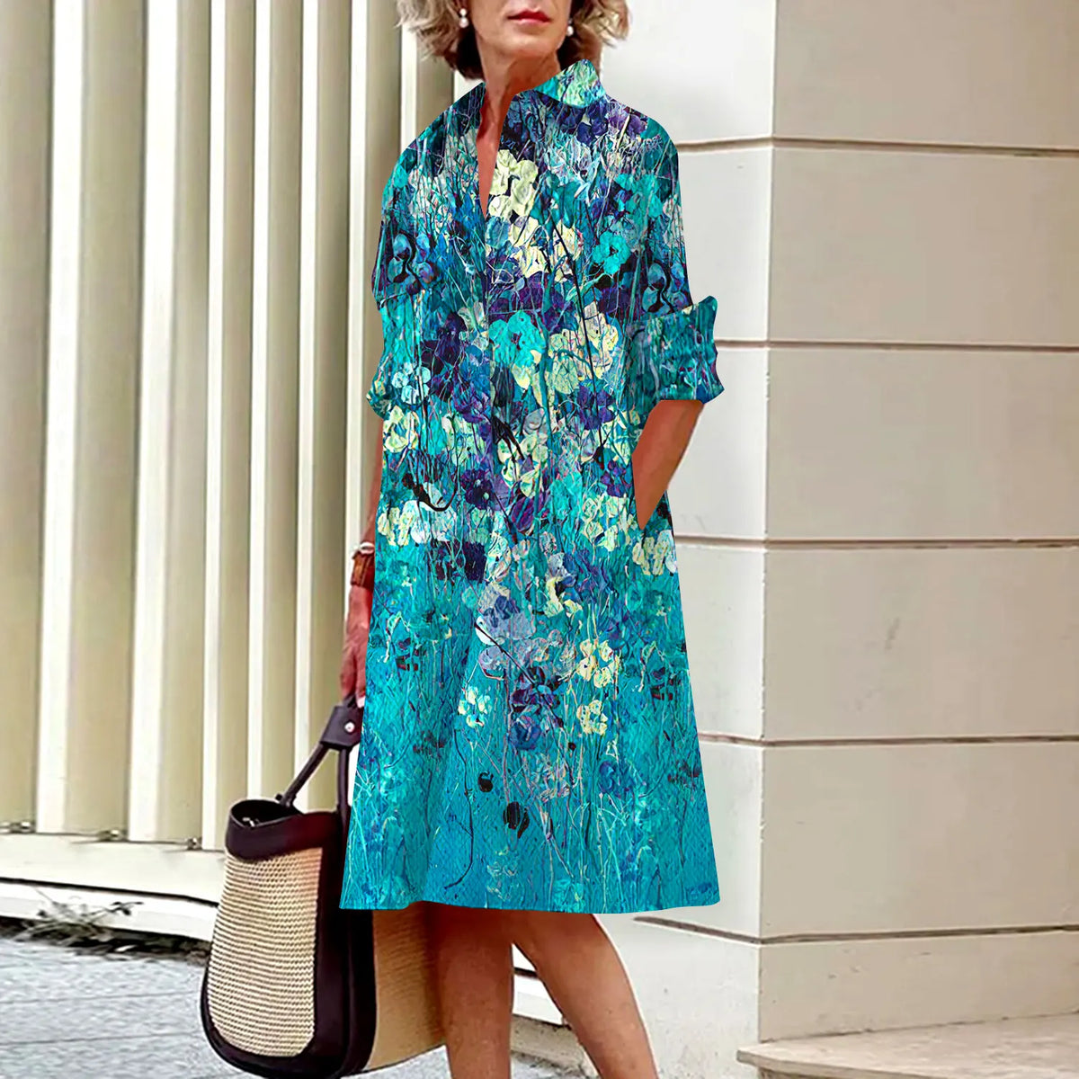 Spring and Summer Women's Dresses Fashion Lapel Printed Long Sleeve Shirt Street Shooting High Temperament New Traveling Gowns