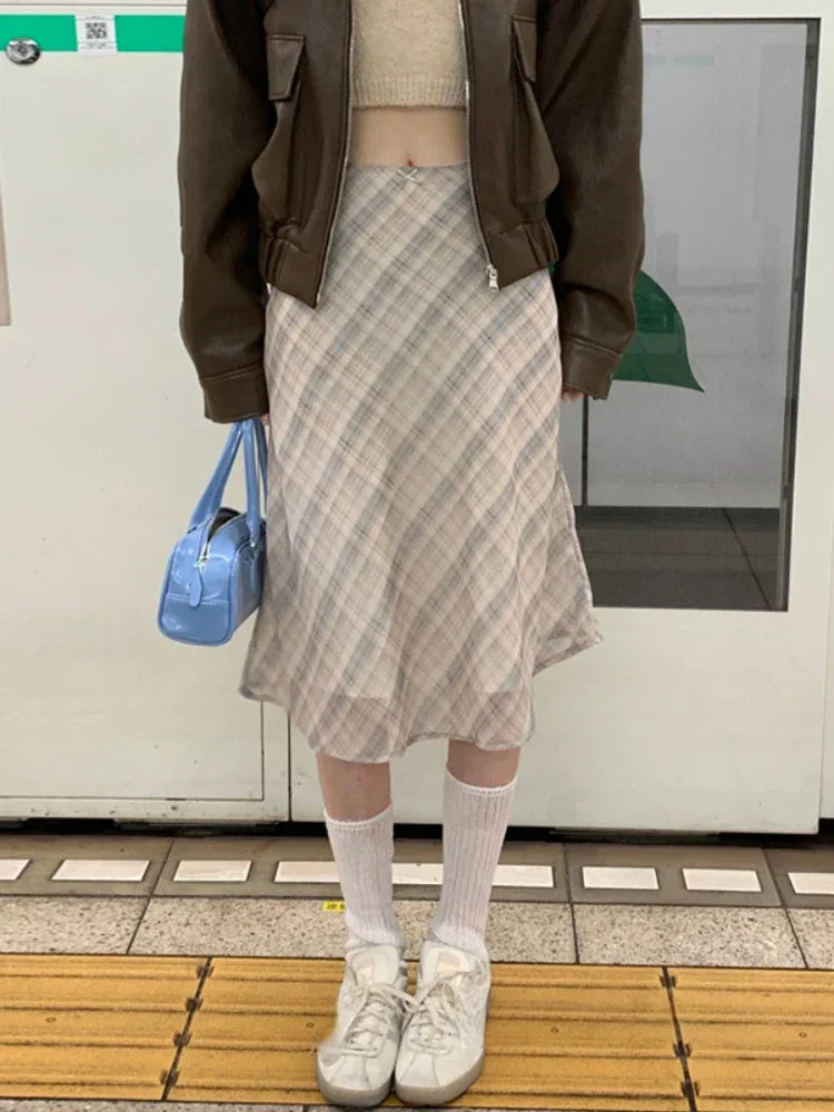 2026 Summer Vintage Midi Plaid Striped Print Skirts Women Sweet Loose Pleated Ladies Skirt High Waist Korean Style Woman Skirts