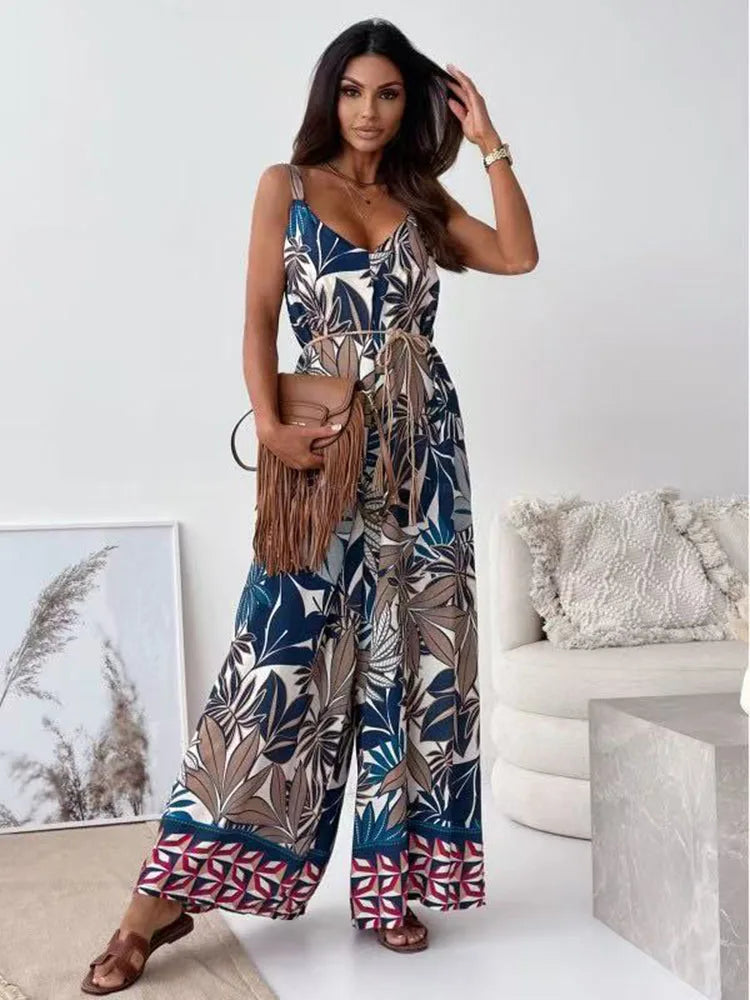 Summer European American Printed Camisole Jumpsuit Women's New Loose Casual Beach Vacation Plus Size Jumpsuit S450