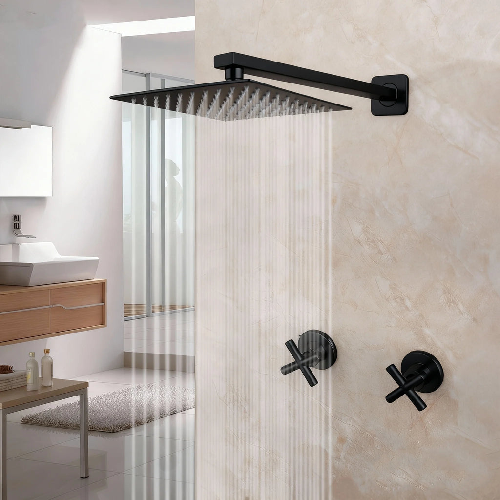 JIENI 8 Inch Brushed Gold Rainfall Shower Faucet Sets Wall Mounted Bathroom Round & Square Head 2 Handles Control Mixer Shower
