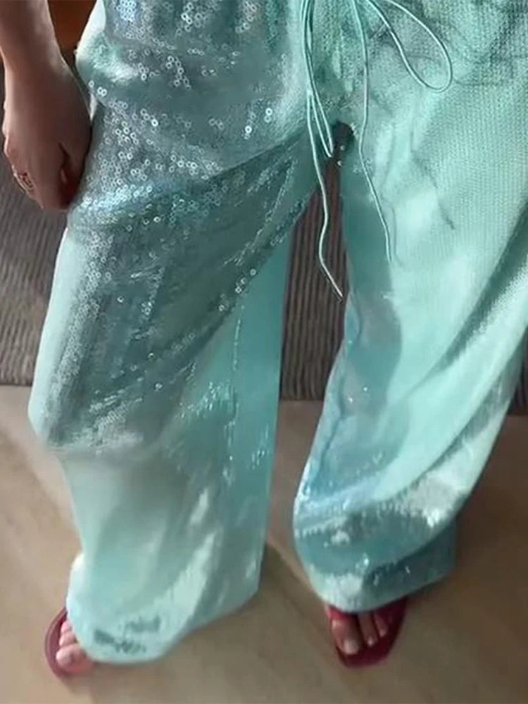 Casual Sequin Pants Women Loose Elastic Waist Wide Legs Trousers Female 2026 Autumn Winter Fashion Chic Solid Streetwears Lady