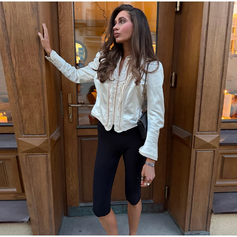 Solid Satin Lace V-Neck Puff Sleeve Blouse Curved Hem Slim Fit 2026 Summer Glam Women Satin Shirt Parisian Versatile Lady Blusa
