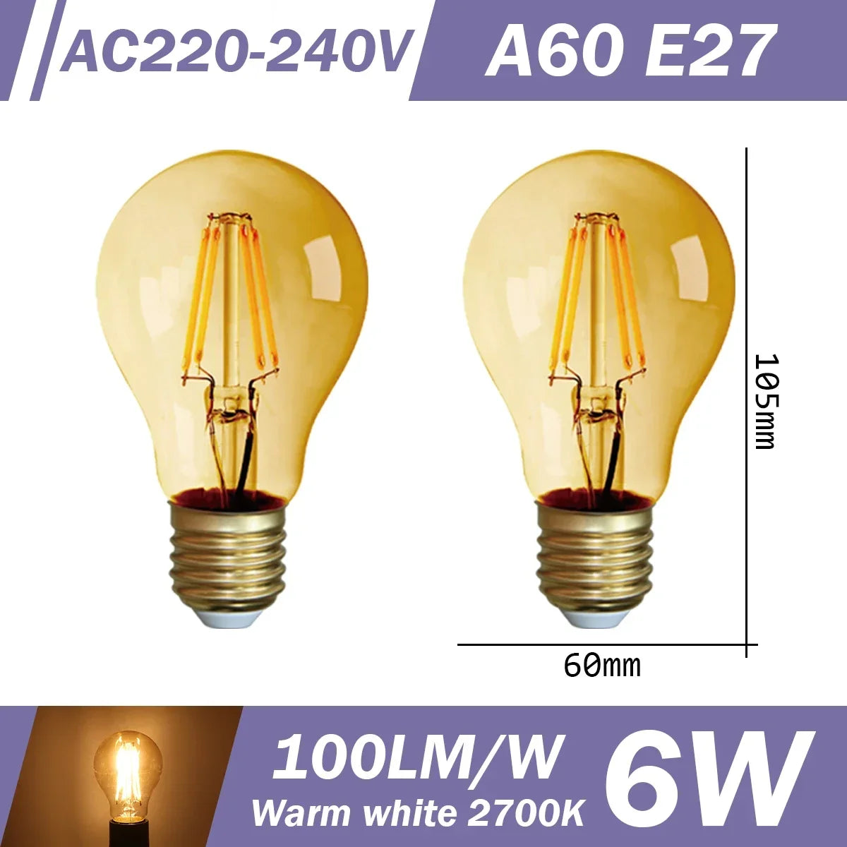 2PCS LED Filament Bulb E14 E27 C35 C35T ST64 G80 A60 220V 4W 9W Warm White Glass 360 Degree Edison Retro Candle Light Blubs