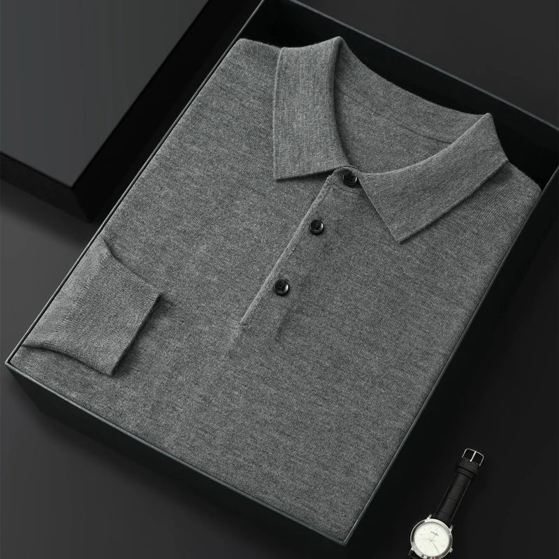 Men's Worsted Wool Kknit Pullover, Business Casual Polo Neck Sweater, Monochromatic Loose Top, Autumn and Winter Fashion, New