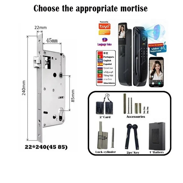 5050 5072 5572 4585 6085 Mortise Tuya WiFi Video Intercom 3D Face Recognition Smart Lock Biometric Camera Auto Keyless Lock