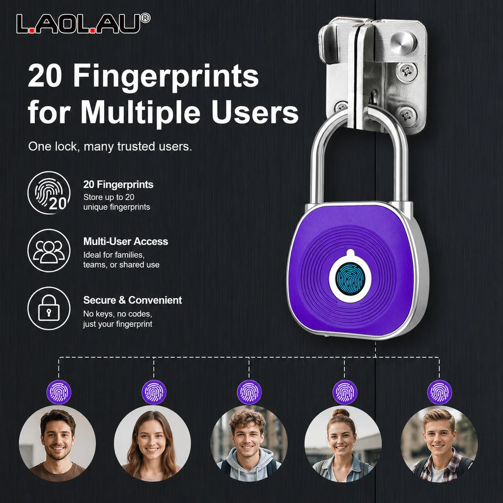 Fingerprint Smart Padlock Keyless Biometric Lock Waterproof USB Rechargeable 0.5s Unlock 20 Fingerprints, Cabinet Luggage Door