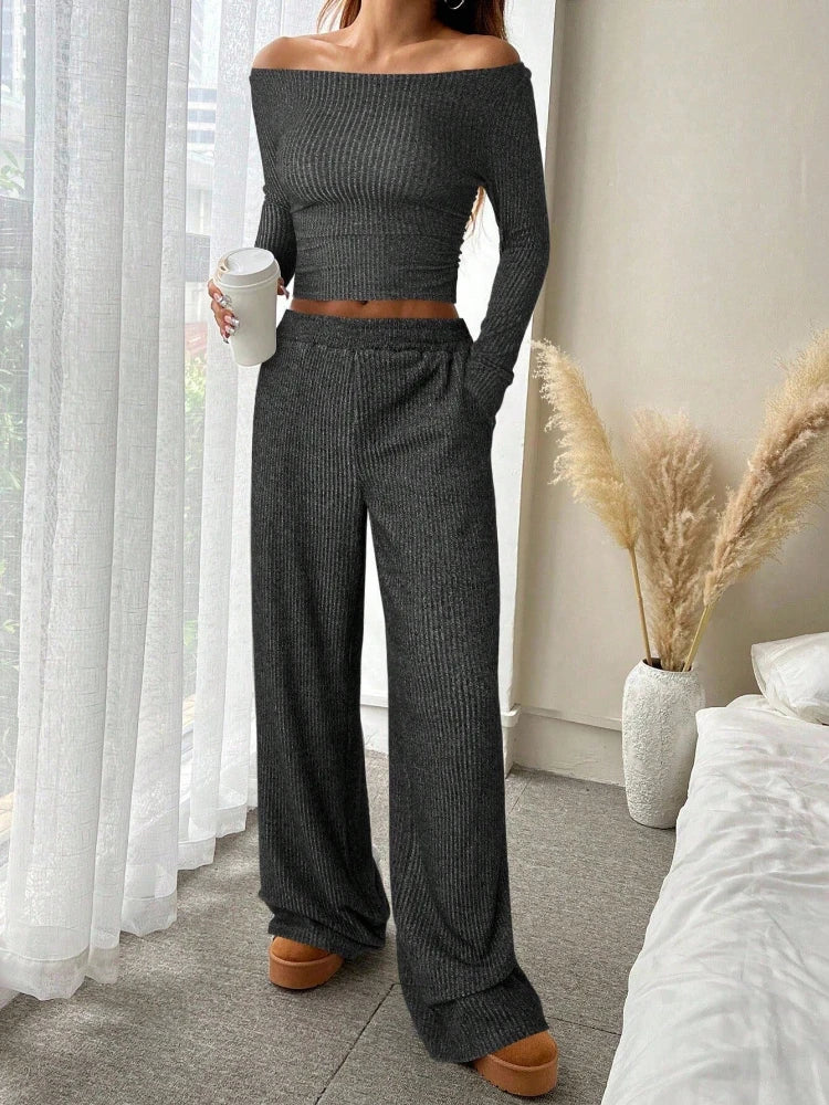 Solid Color Casual Loose Pants Sets for Women Elegant Women's Two Pieces Suit Full Trouser Set Female Outfit Clothes   Homewear