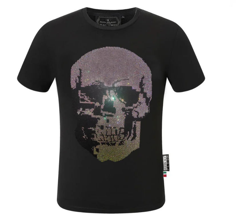 2025 Summer New Luxury Men's Fashion Skull Design Rhinestones T-Shirt Pure Cotton Crew-Neck Casual High Quality