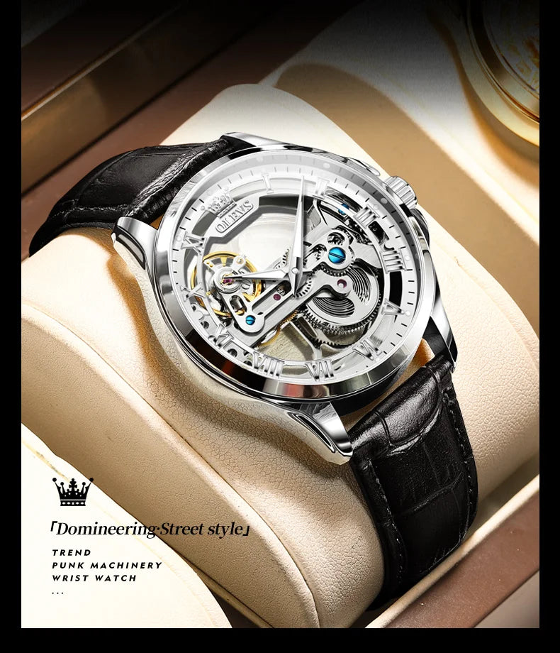 OLEVS Couple Watches Original Fully Transparent Skeleton Automatic Mechanical Watches For Men Women Lover's Gift Luxury Watches