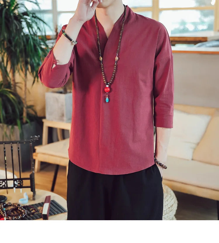 Summer Kimono Japanese Style Short Sleeve Men New Half-sleeved Cotton Linen Breathable Men Clothing T-shirt Japanese Yukata Tops