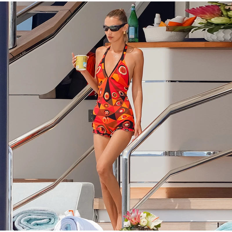 Abstract Print Halter Neck Deep V Sleeveless Short Jumpsuit Self Tie Back 2026 Spring Summer Beach Party Lady Women Outfit