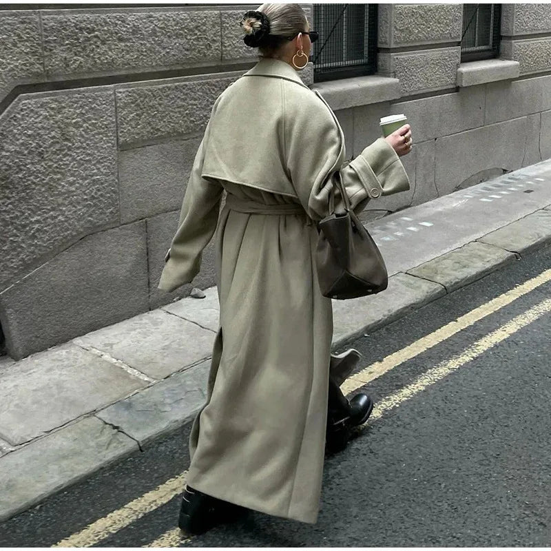 Whisper Lumi Vintage Double Breasted Lapel Women Long Coat Elegant Loose Jacket With Belt Autumn Casual Ladies Streetwear