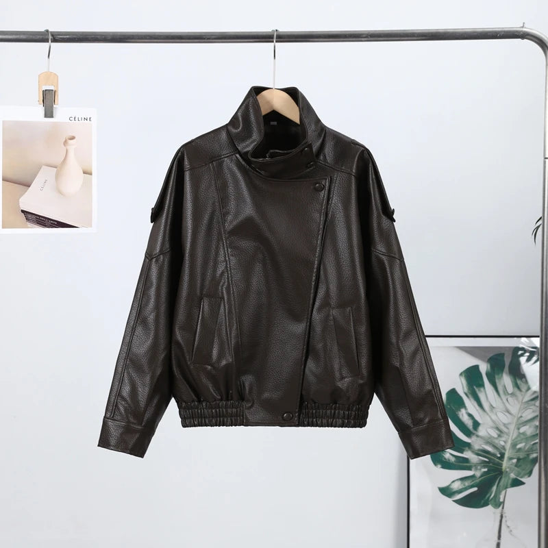 High Street Leather Jackets Women's Casual Double-breasted Turn Down Collar Loose Coats Elastic Waist 2026 Autumn New Outwear