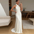 Elegant White Halter Neck Maxi Dress For Women Chic Backless Pleated Bodycon Long Vestidos 2026 Wedding Guest Evening Gown