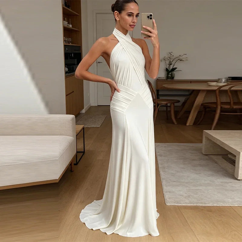 Elegant White Halter Neck Maxi Dress For Women Chic Backless Pleated Bodycon Long Vestidos 2026 Wedding Guest Evening Gown
