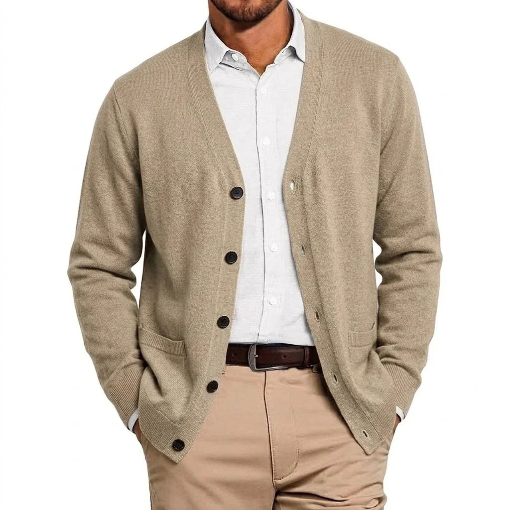 Mens VNeck Open Cardigan Jumper Button Front Knit Apparel Long Sleeve Knit Sweat Tops with Pockets Outer Garment for Males