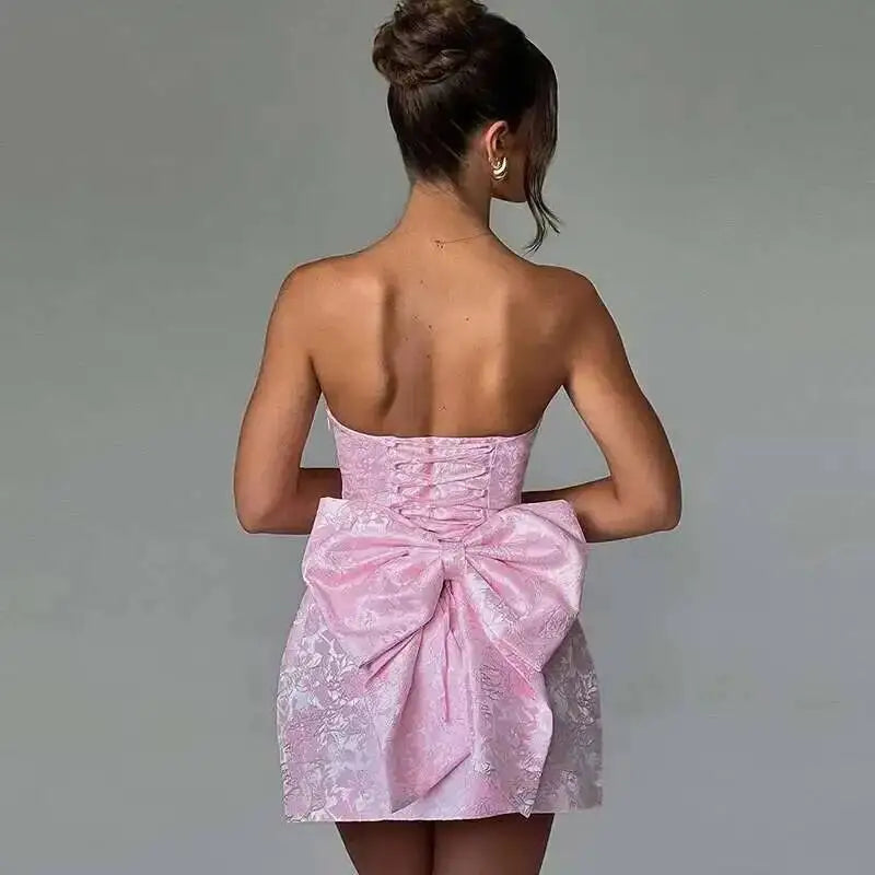 Giyu Club Evening Party Dresses Women 2025 Summer Sexy Bow Halter Long Dress Elegant Jacquard Lace Up Backless Birthday Robe
