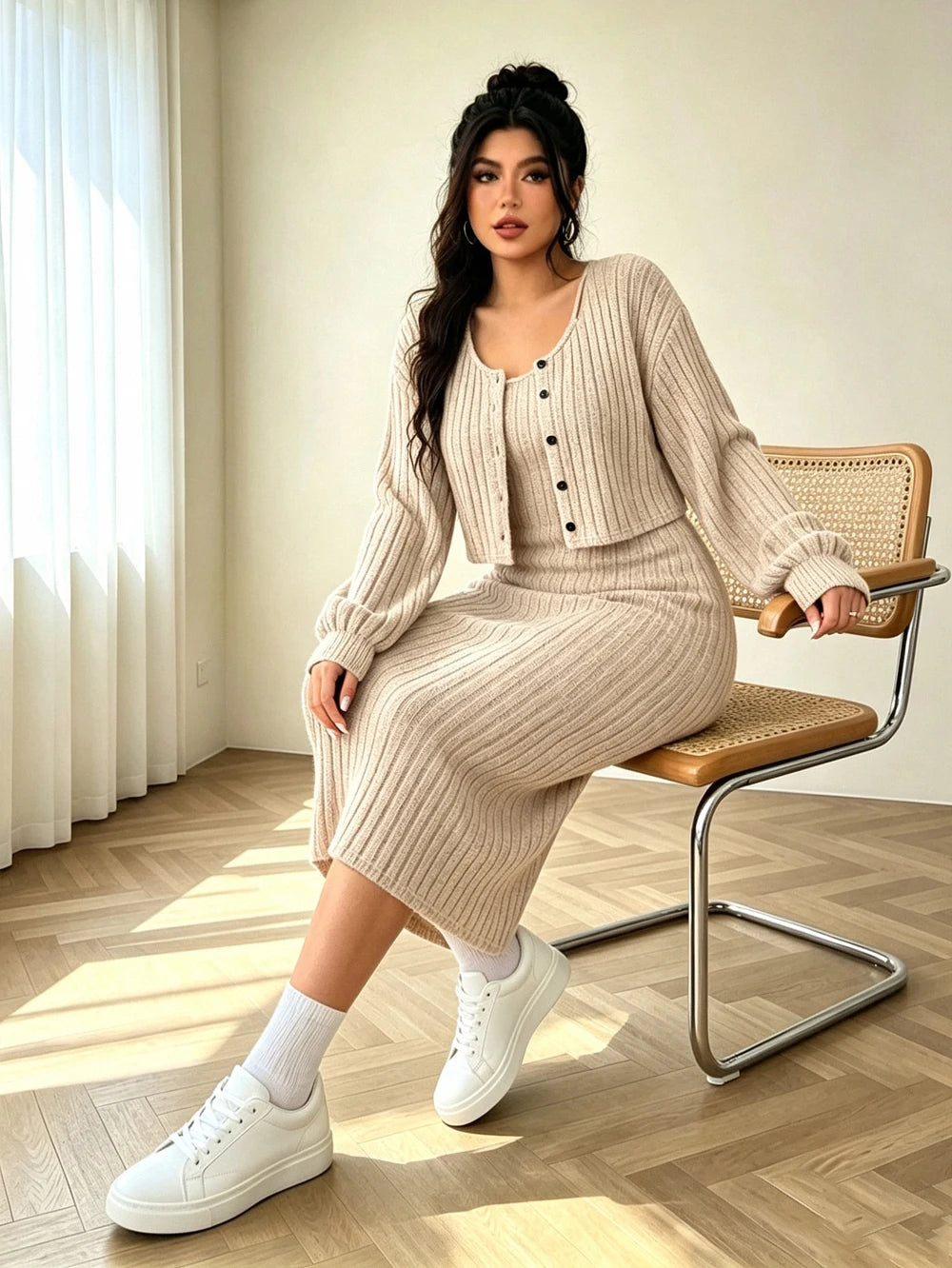 Plus-size Women's Button-down Cardigan Dress Set, Ribbed Knit, Drop-shoulder Design, Perfect for Autumn Wear