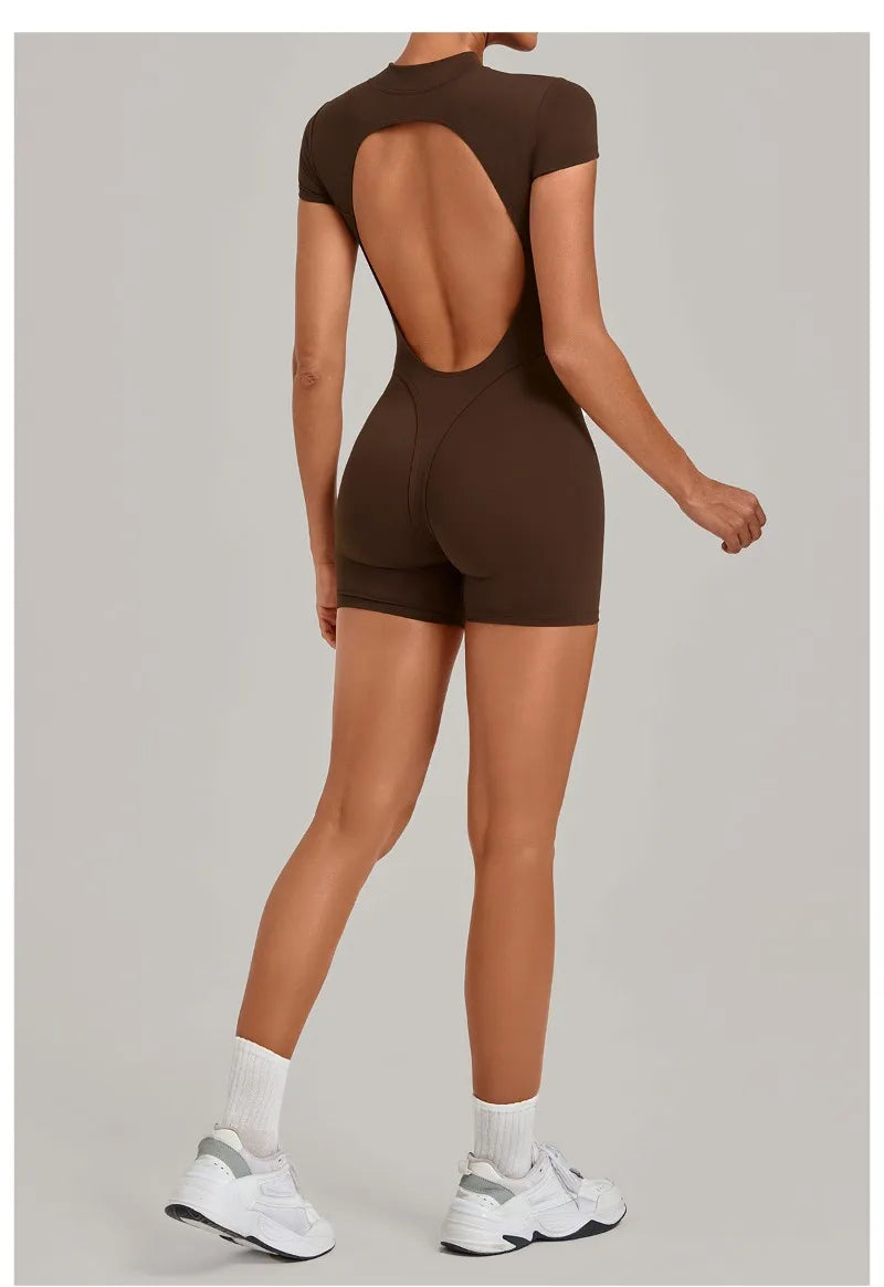 Women's Seamless Yoga Jumpsuits Sports Fitness Hip-lifting Short-sleeved Backless Training Workout Gym Shorts One-piece