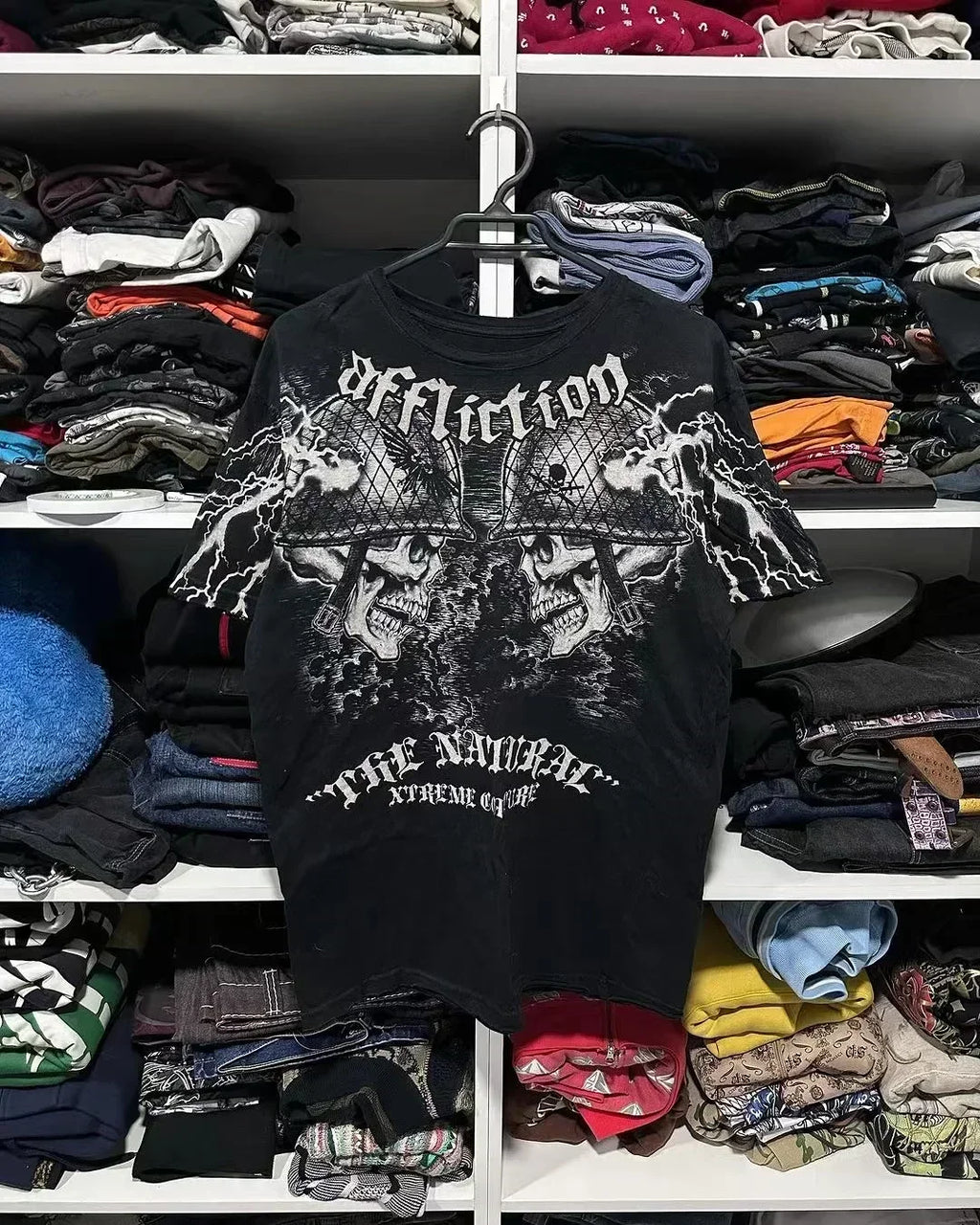 Affliction New Men Polo shirt Skull Graphic Harajuku Round Neck Oversized T Shirt Short Sleeve Tops Gothic Clothing Street Wear