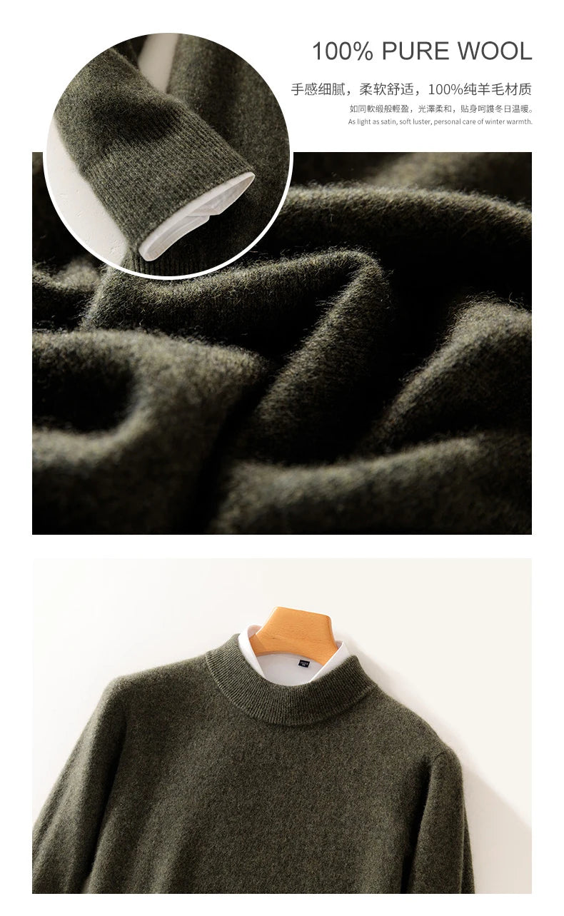 Autumn and Winter Half-high Neck 100% Pure Wool Men's Long Sleeve Leisure Sweater Knitwear